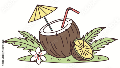 Tropical Coconut Drink with Straw and Umbrella.
