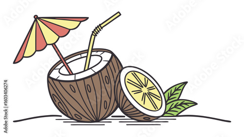 Tropical Coconut Drink with Umbrella and Lemon Slice.