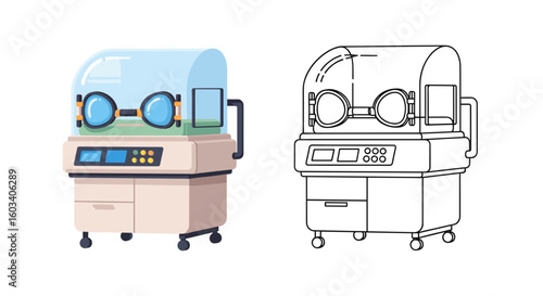 Illustration of two infant incubators one colored and one in black and white