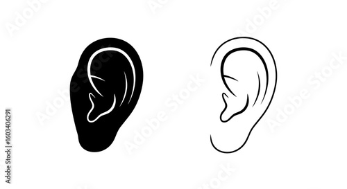 Illustration showing two ears one in solid black and one in outline style art
