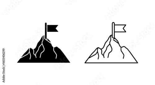 Illustration of two mountain peaks with flags on top one solid and one outlined