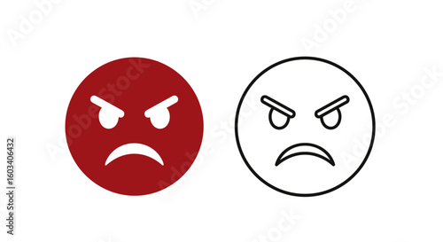 Illustration of two angry face icons one in red and one in black outline style