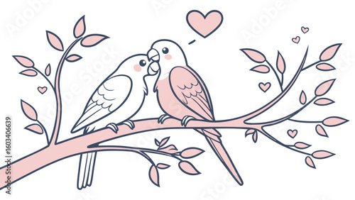 Two Lovebirds Sharing a Tender Moment on a Branch.