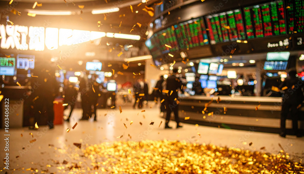 Obraz premium Golden Confetti Explosion in Trading Floor . Economy Concept. Generated Image