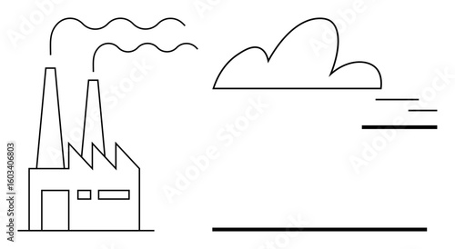 Factory structure with twin smokestacks releasing fumes, large cloud, minimalist background. Ideal for industry, environment, pollution, manufacturing, climate change, urbanization simple flat