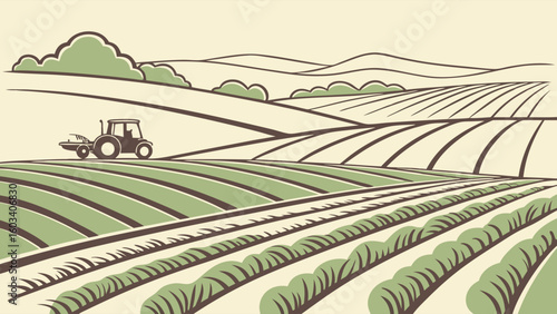 Vector Illustration of a Tractor Working in a Farm Field.