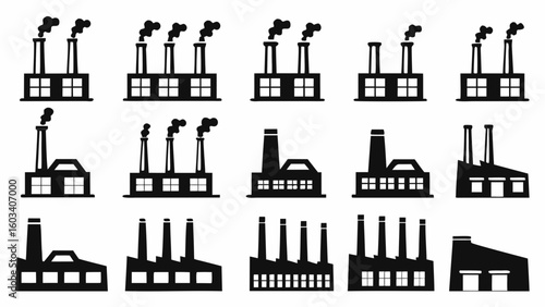 Illustration of various factory silhouettes with chimneys emitting smoke against a white background view