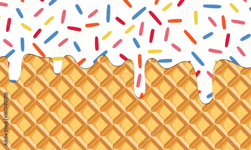 white sweet liquid that melts. drip melted ice cream with sprinkles over the waffle cone background.
