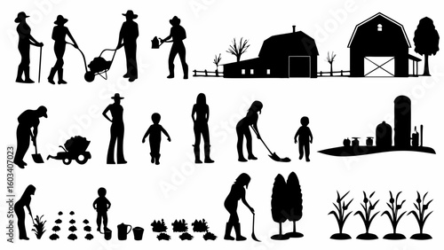 Silhouettes depicting farm activities including gardening farming and harvesting crops in rural setting
