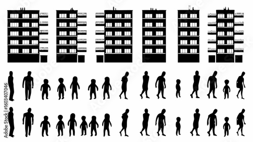 Silhouetted apartment buildings with windows and balconies above silhouetted people of various sizes