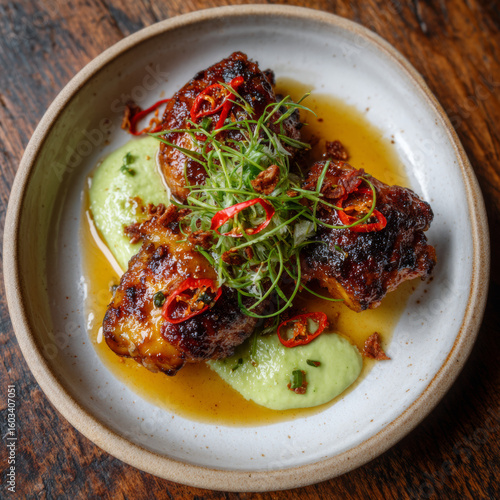 Glazed Chicken Thighs with Avocado-Coconut Puree and Chili Garnish
