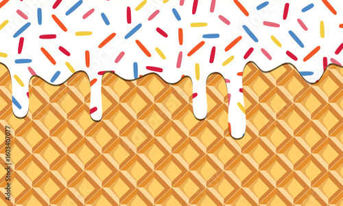 white sweet liquid that melts. drip melted ice cream with sprinkles over the waffle cone background.