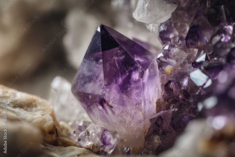 Fototapeta premium Amethyst Point Crystal close-up, mineral details, gemstone cluster, stone therapy use