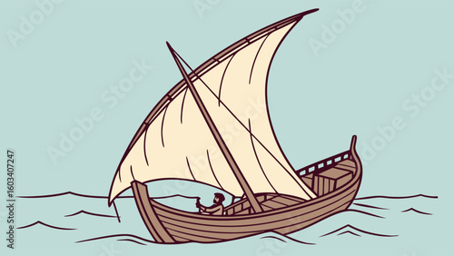 Wooden Dhow Sailing Boat with Sailor on Calm Sea.