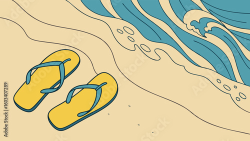 Yellow FlipFlops on Sandy Beach Near Ocean Waves.