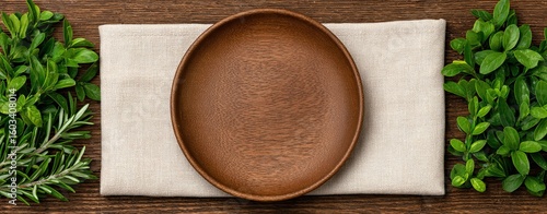 Flat Lay Organic Grocery Aesthetic Rustic wooden table with a simple clay plate surrounded by fresh herbs.