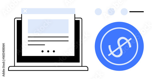 Laptop screen displaying an online form beside a blue dollar icon with subtle design elements. Ideal for e-commerce, fintech, payment, transaction, online shopping, website design, digital economy