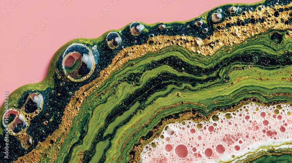 Obraz premium Intricate swirls of vibrant green, dark teal, and gold in a bubbly, textured design.