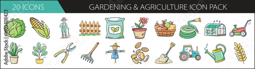 20 Gardening and Agriculture Icons Hand-Drawn Style - A collection of 20 colorful hand-drawn icons featuring gardening tools, farm produce, plants, and agricultural equipment.