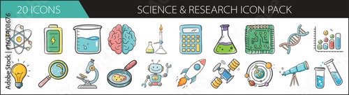 20 Science and Research Icons in Doodle Style - Hand-drawn icon set with 20 colorful illustrations of science and research tools, including microscopes, formulas, DNA, and lab equipment.