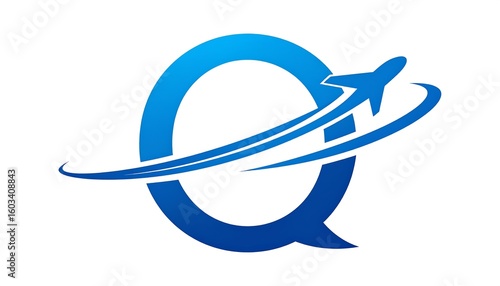 Blue stylized letter 'Q' with airplane graphic