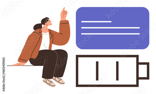 Woman seated, pointing upward, blue speech bubble, low battery icon suggest mental energy or creativity. Ideal for productivity, motivation, awareness, energy focus brainstorming wellness. Simple