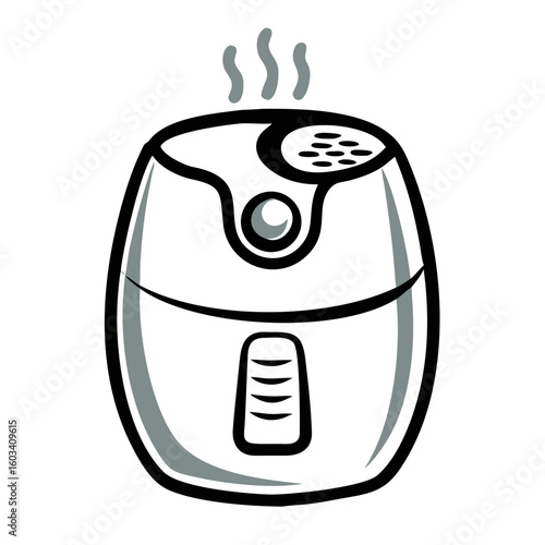 Air fryer in minimalist style with steam coming out of top  