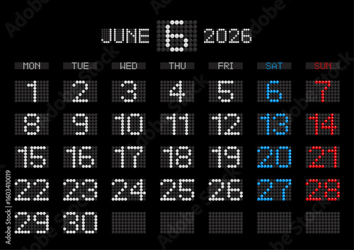 2026年6月の電光掲示板風カレンダー 月曜始まり