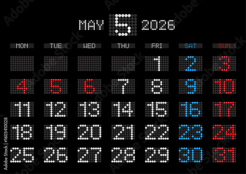 2026年5月の電光掲示板風カレンダー 月曜始まり
