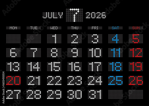 2026年7月の電光掲示板風カレンダー 月曜始まり