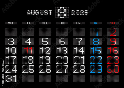 2026年8月の電光掲示板風カレンダー 月曜始まり