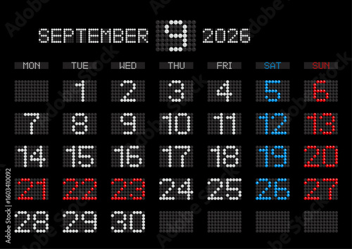 2026年9月の電光掲示板風カレンダー 月曜始まり