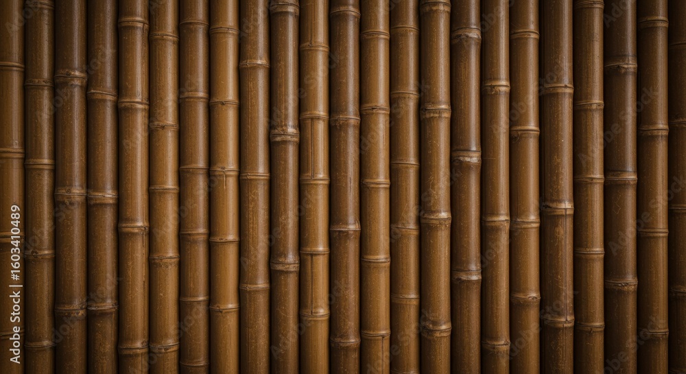 Fototapeta premium Close-up view of a bamboo wall, showcasing its texture, pattern, and natural brown color.
