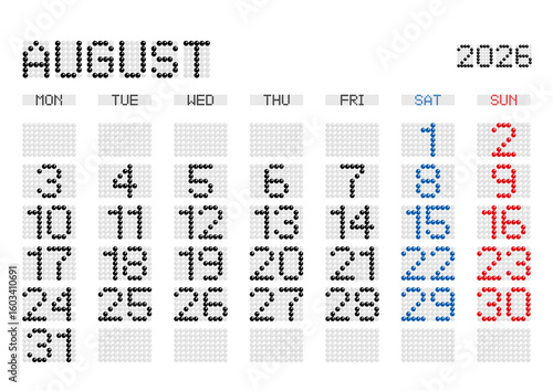 2026年8月の電光掲示板風カレンダー 月曜始まり 日本の祝日表記無し