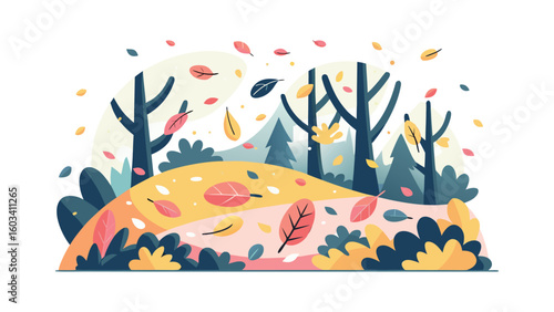 Flat vector illustration of autumn forest with swirling colorful leaves and bare trees, warm mood, Thanksgiving and fall harvest concept, hilly landscape