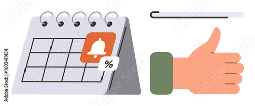 Desk calendar with reminder notification, percentage icon, and thumbs-up approval sign. Ideal for planning, scheduling, reminders, organization, productivity deadlines and task management. Easily