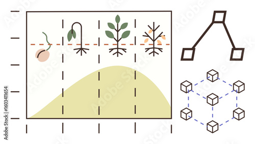 Timeline of seed germination, growth, and decay on grid with network diagram and cubic nodes. Ideal for biology, agriculture, education, data science, research, analytics development simple flat