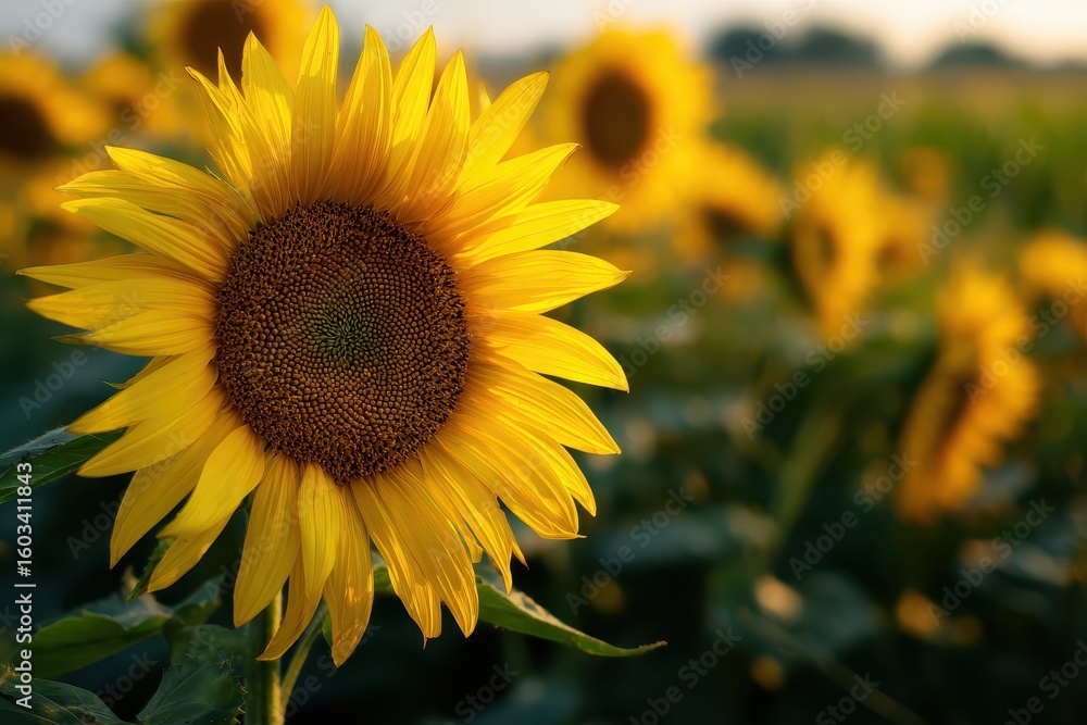 Fototapeta premium Sunflower Close-Up in Field at Sunset for Agriculture Industry and Summer Concept
