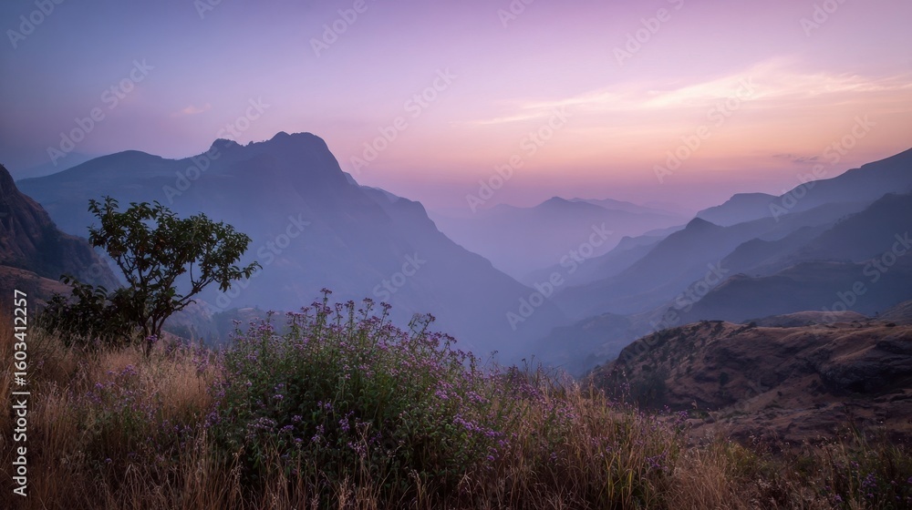Obraz premium Serene Sunset over Misty Mountains and Purple Flowers