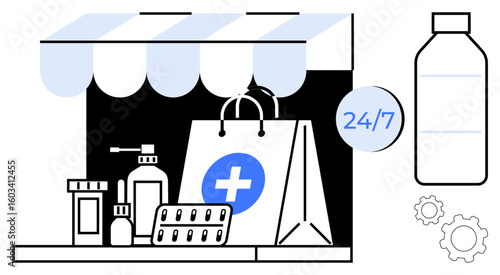 Pharmacy bag with medical supplies, pills, bottles, and 247 label under canopy. Ideal for healthcare, online pharmacy, convenience, medicine access, telehealth e-commerce and simple landing page