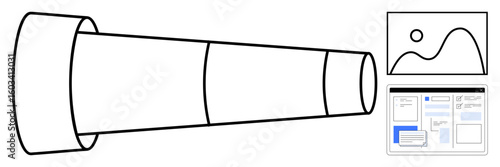 Telescope alongside a landscape image and interface layout. Ideal for discovery, strategy, vision, creativity, exploration, observation, and focus. A simple flat metaphor
