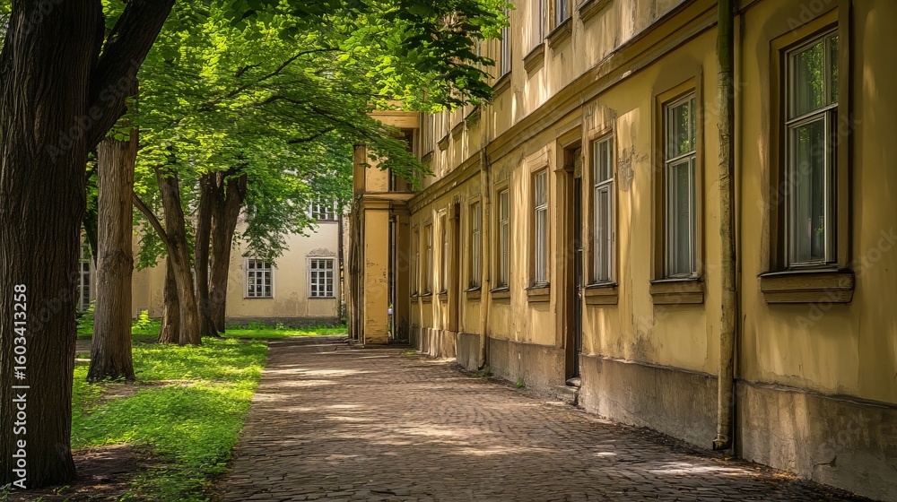 Fototapeta premium Sunny courtyard path with old buildings and trees