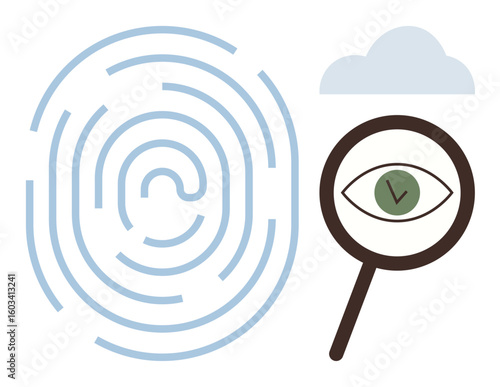 Fingerprint surrounded by magnifying glass highlighting an eye with a checkmark, and a cloud illustration. Ideal for security, authentication, biometrics, data privacy, cloud storage, technology
