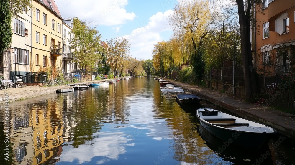 Fototapeta premium Canal scene with reflections, autumnal trees, and buildings