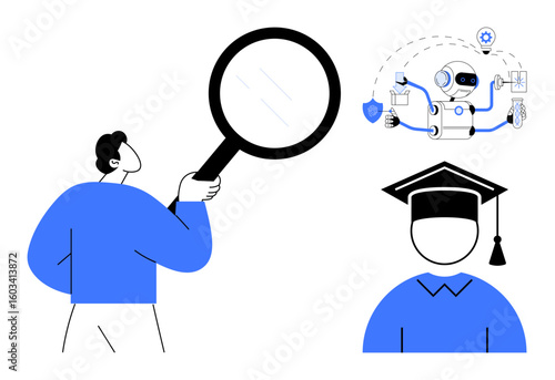 Man examining concepts of artificial intelligence and education through magnifying glass. Robot interacting with technology and graduation cap imply AI in learning. Ideal for research, AI, education