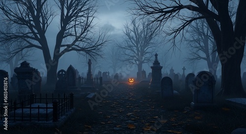 Halloween graveyard spooky cemetery pumpkin scary night dark halloween scene creepy october fog graves