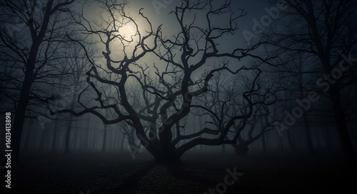 Fototapeta Naklejka Na Ścianę i Meble -  Dark forest spooky trees silhouette moonlight eerie night halloween woods gothic fantasy landscape scene