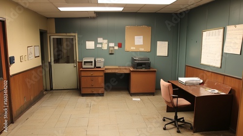Empty,  retro office space with beige and teal walls,  wooden furniture, and filing cabinets