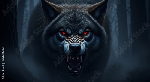 Angry wolf portrait red eyes dark forest predator canine animal wildlife dangerous beast teeth snarling rage