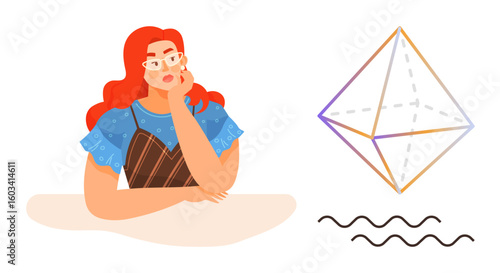 Thoughtful woman rests her head on her hand near a 3D geometric shape and wavy lines. Ideal for creativity, introspection, design, problem-solving, abstract thinking, innovation, simple flat metaphor
